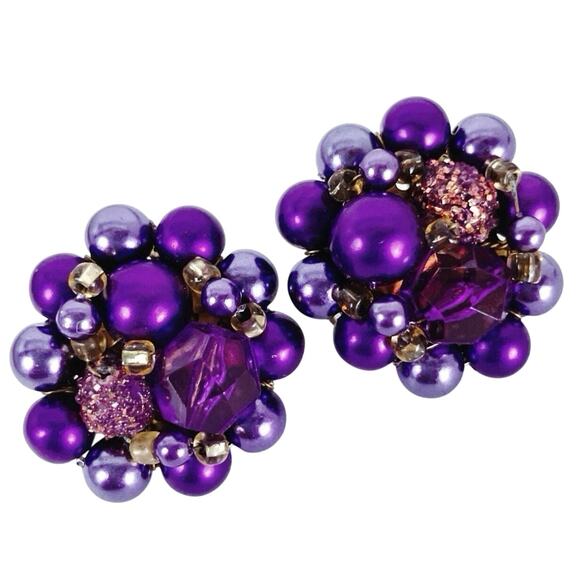 VTG Japan Mid Century Cocktail Earrings Purple Faux Pearl Bead Cluster Clip On - Picture 1 of 11